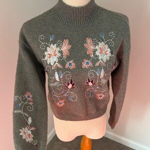 Embroidered Gray Mock Neck Floral Sweater